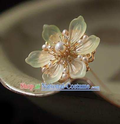 Chinese Handmade Pearls Hair Stick Traditional Ming Dynasty Princess Jade Epiphyllum Hairpin