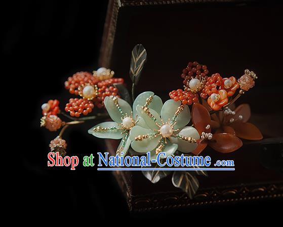 Chinese Handmade Red Beads Hair Stick Traditional Song Dynasty Princess Flowers Hairpin