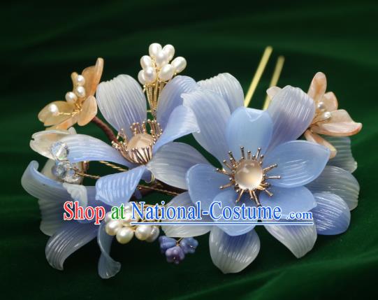 Chinese Handmade Shell Pearls Hairpin Traditional Ancient Princess Blue Lily Flowers Hair Stick