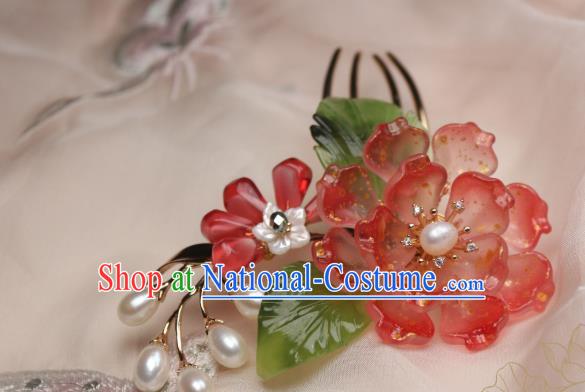 Chinese Handmade Red Peony Hair Comb Traditional Ancient Princess Shell Hair Stick