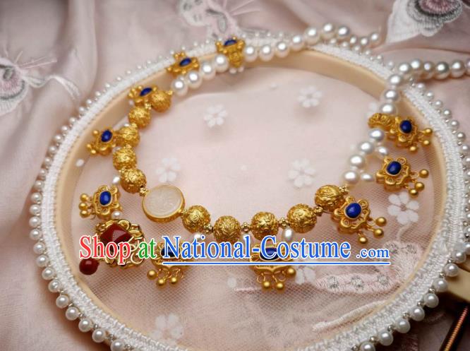 China Traditional Tang Dynasty Golden Necklet Accessories Handmade Hanfu Phoenix Pattern Necklace