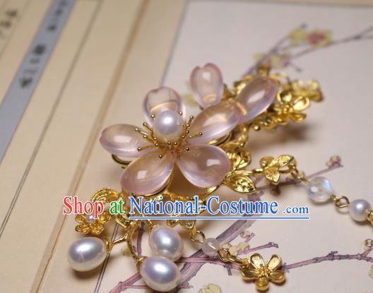 Chinese Traditional Ancient Princess Sakura Hairpin Handmade Tang Dynasty Rose Quartz Hair Stick