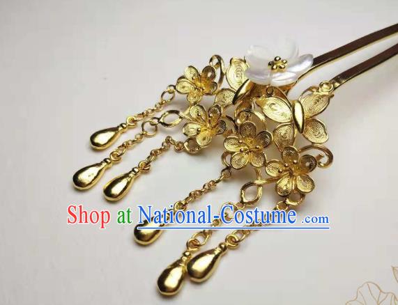 Chinese Handmade Shell Sakura Hair Stick Traditional Ancient Princess Golden Tassel Hairpin