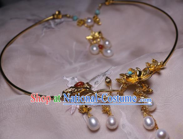 China Traditional Tang Dynasty Golden Lotus Necklet Accessories Handmade Hanfu Pearls Tassel Necklace