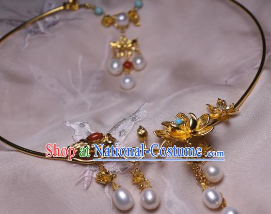 China Traditional Tang Dynasty Golden Lotus Necklet Accessories Handmade Hanfu Pearls Tassel Necklace