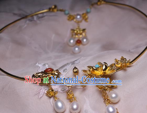 China Traditional Tang Dynasty Golden Lotus Necklet Accessories Handmade Hanfu Pearls Tassel Necklace