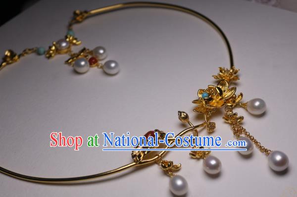 China Traditional Tang Dynasty Golden Lotus Necklet Accessories Handmade Hanfu Pearls Tassel Necklace