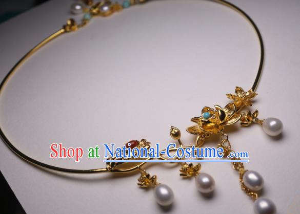 China Traditional Tang Dynasty Golden Lotus Necklet Accessories Handmade Hanfu Pearls Tassel Necklace