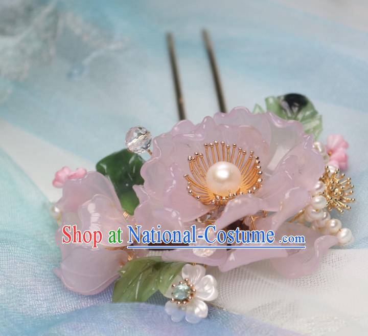 Chinese Handmade Pink Peony Hair Stick Traditional Ancient Princess Shell Pearls Hairpin