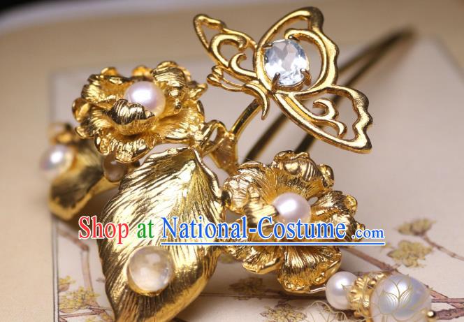 Chinese Handmade Golden Hibiscus Hair Stick Traditional Ancient Princess Pearls Hairpin