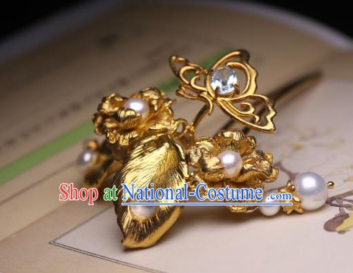 Chinese Handmade Golden Hibiscus Hair Stick Traditional Ancient Princess Pearls Hairpin