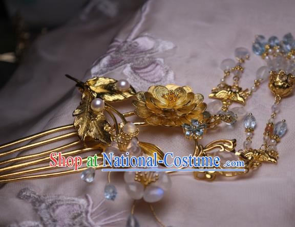 Chinese Handmade Tassel Hair Comb Traditional Ancient Princess Golden Lotus Hairpin