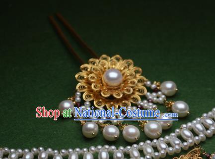 Chinese Handmade Tang Dynasty Court Hair Stick Traditional Ancient Princess Golden Peony Tassel Hairpin