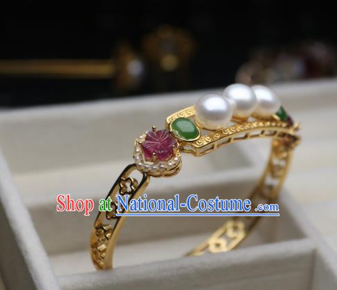 China Traditional Qing Dynasty Tourmaline Pearls Bracelet Accessories Handmade Golden Bangle Jewelry