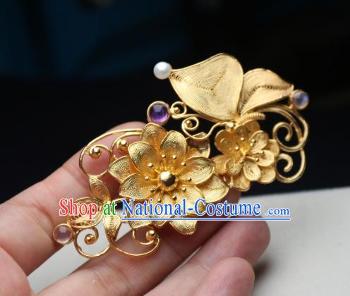 Chinese Handmade Golden Lotus Hair Stick Traditional Ancient Princess Amethyst Hairpin