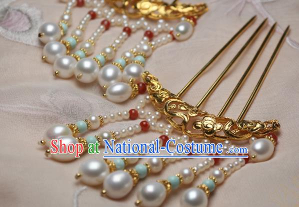 Chinese Handmade Ming Dynasty Golden Cloud Hair Stick Traditional Ancient Princess Pearls Tassel Hairpin