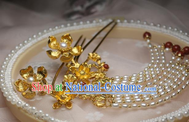 Chinese Handmade Tang Dynasty Pearls Tassel Hair Stick Traditional Ancient Princess Golden Lotus Hairpin