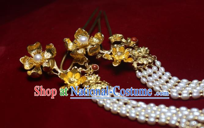 Chinese Traditional Ancient Princess Golden Peony Hairpin Handmade Tang Dynasty Pearls Tassel Hair Stick