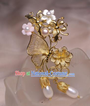 Chinese Handmade Golden Butterfly Hair Stick Traditional Ancient Princess Shell Flower Hairpin