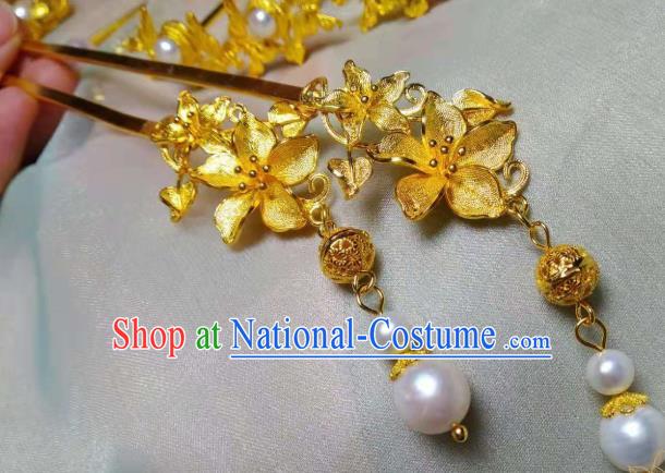 Chinese Handmade Golden Flowers Tassel Hair Stick Traditional Ancient Princess Pearls Hairpin