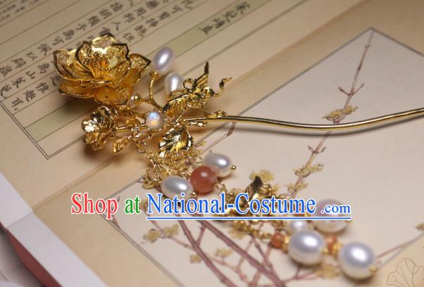 Chinese Handmade Pearls Tassel Hair Stick Traditional Ancient Princess Golden Peach Blossom Hairpin