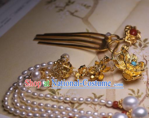 Chinese Handmade Golden Lotus Hair Comb Traditional Ancient Princess Pearls Tassel Hairpin Headwear