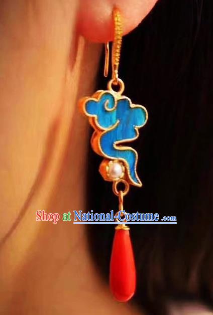 China Traditional Cheongsam Blue Cloud Earrings Classical Pearl Agate Ear Jewelry