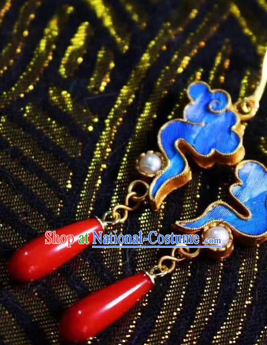 China Traditional Cheongsam Blue Cloud Earrings Classical Pearl Agate Ear Jewelry