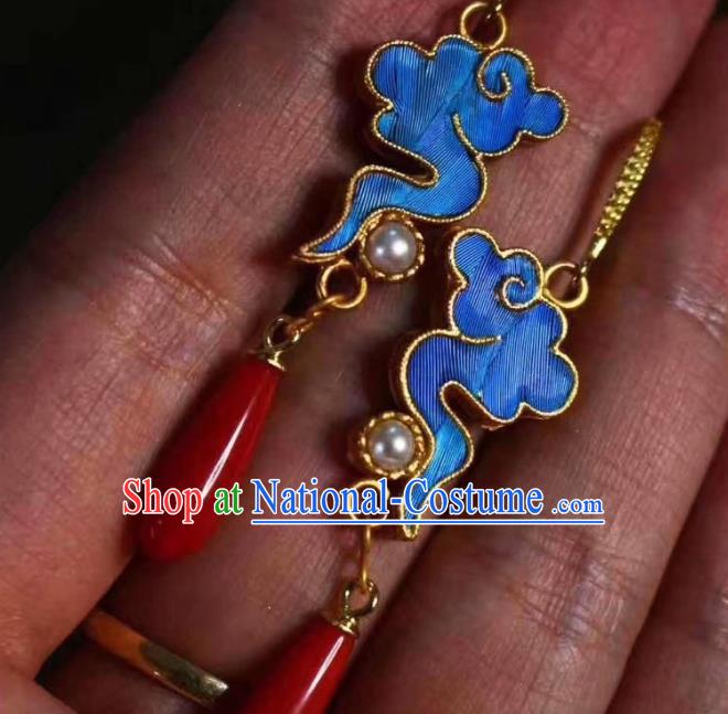 China Traditional Cheongsam Blue Cloud Earrings Classical Pearl Agate Ear Jewelry