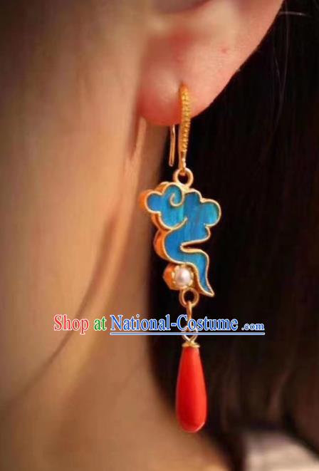 China Traditional Cheongsam Blue Cloud Earrings Classical Pearl Agate Ear Jewelry