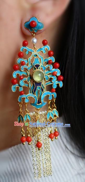 China Traditional Cheongsam Golden Tassel Earrings Classical Red Beads Ear Jewelry