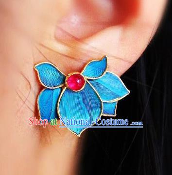 China Classical Garnet Ear Jewelry Traditional Cheongsam Blue Orchids Earrings