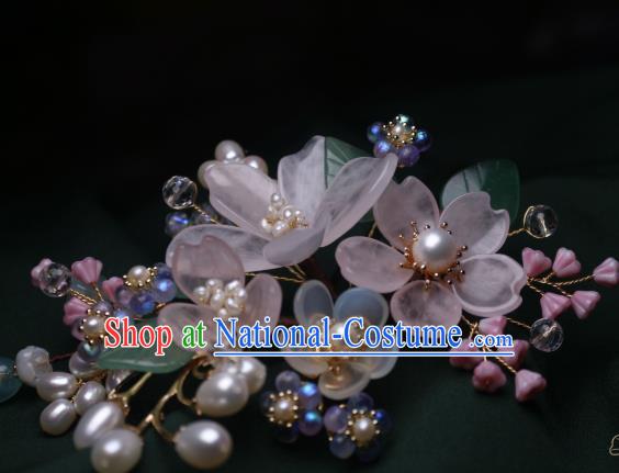 Chinese Handmade Ming Dynasty Pearls Hair Stick Traditional Ancient Princess Pink Begonia Hairpin