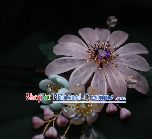 Chinese Handmade Amethyst Hair Stick Traditional Ancient Princess Pink Chrysanthemum Hairpin Headpiece