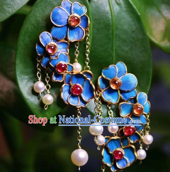 China Classical Tourmaline Ear Jewelry Traditional Cheongsam Pearls Tassel Earrings