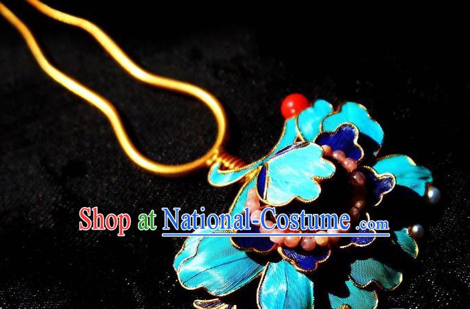 Chinese Handmade Qing Dynasty Blueing Hair Stick Traditional Ancient Imperial Consort Tourmaline Beads Hairpin