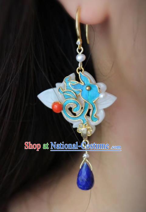 China Classical Lapis Blueing Ear Jewelry Traditional Cheongsam Jade Earrings