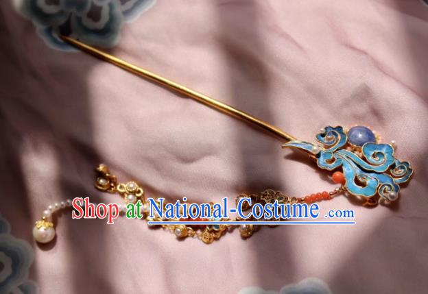 Chinese Handmade Pearls Tassel Hair Stick Traditional Ancient Qing Dynasty Imperial Consort Lapis Hairpin