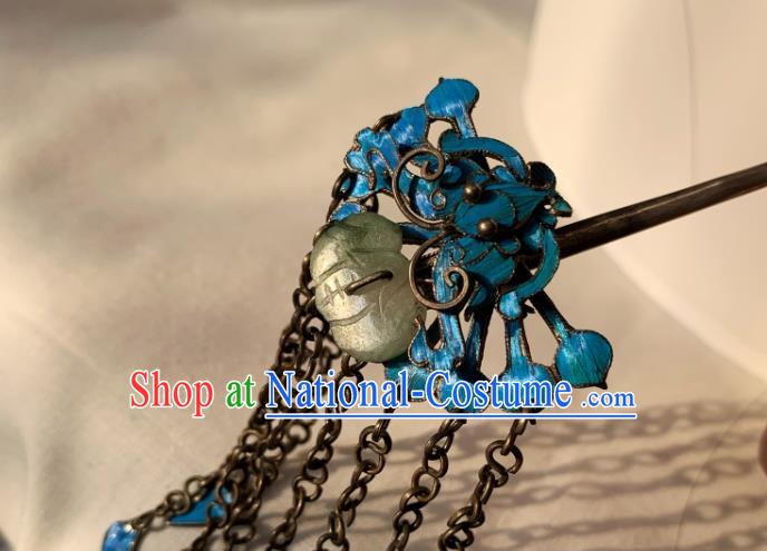 Chinese Handmade Blue Butterfly Hair Stick Traditional Ancient Qing Dynasty Jade Tassel Hairpin