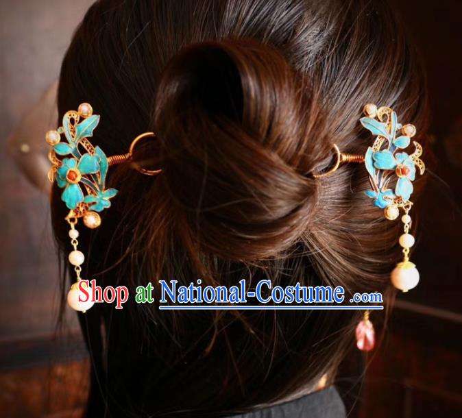 Chinese Handmade Pearls Tassel Hair Stick Traditional Ancient Qing Dynasty Filigree Golden Hairpin