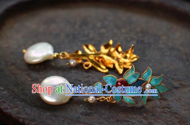 China Classical Bamboo Leaf Ear Jewelry Traditional Cheongsam Tourmaline Pearl Earrings