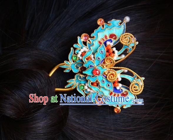 Chinese Handmade Tourmaline Gems Hair Stick Traditional Ancient Qing Dynasty Blueing Butterfly Hairpin