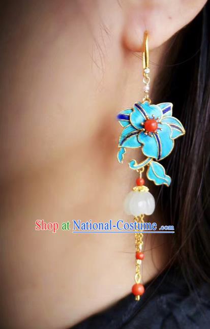 China Classical Jade Ear Jewelry Traditional Cheongsam Blueing Flower Tassel Earrings