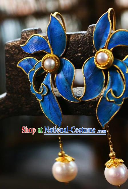 China Classical Qing Dynasty Orchid Ear Jewelry Traditional Cheongsam Pearls Earrings