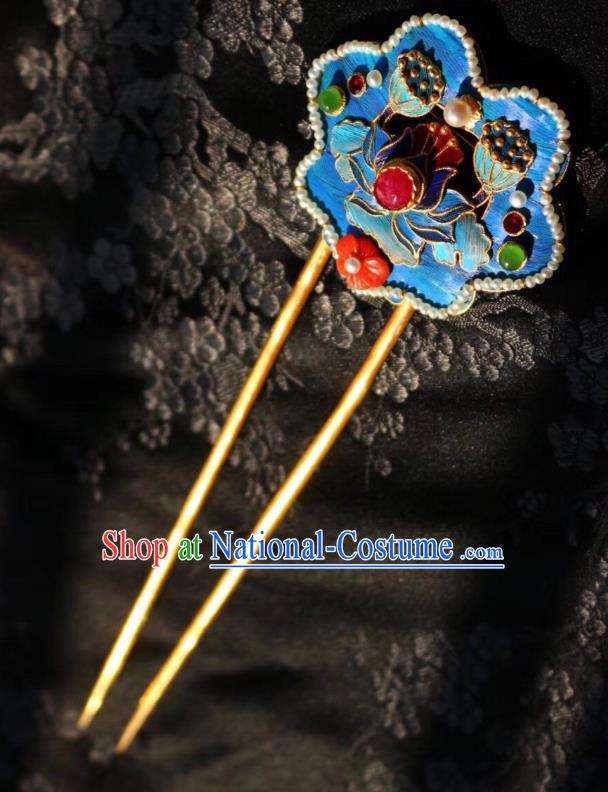 Chinese Handmade Gems Hair Stick Traditional Ancient Qing Dynasty Imperial Consort Blueing Lotus Hairpin