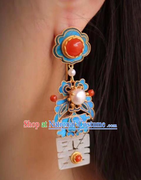 China Classical Wedding Jade Ear Jewelry Traditional Cheongsam Blueing Agate Earrings