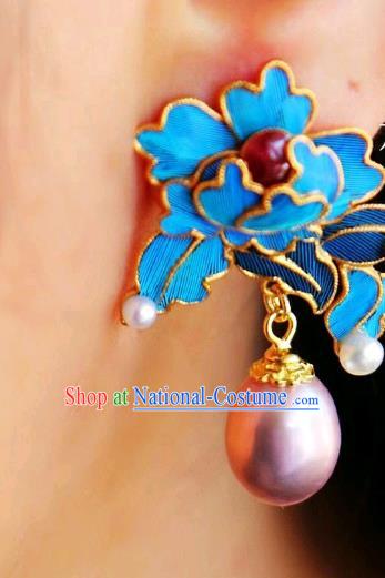 China Classical Tourmaline Pearl Ear Jewelry Traditional Cheongsam Blue Peony Earrings