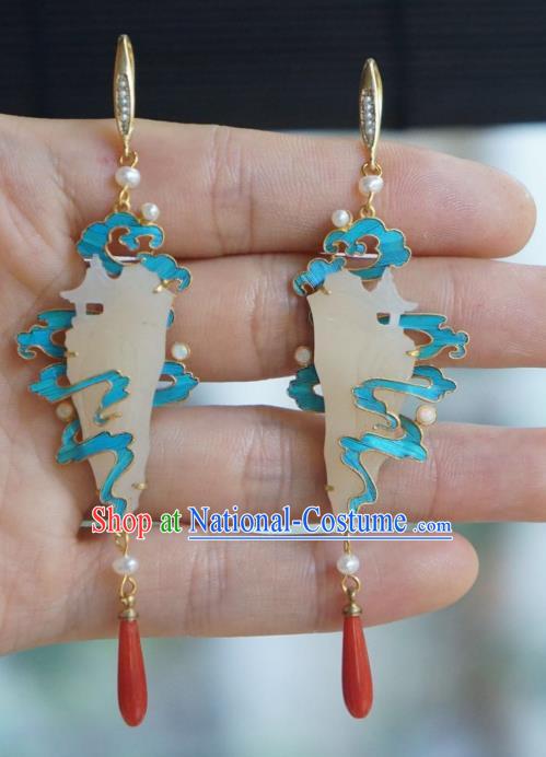 Chinese Ancient Court Lady Blueing Cloud Ear Accessories Traditional Jewelry Qing Dynasty Empress Jade Earrings