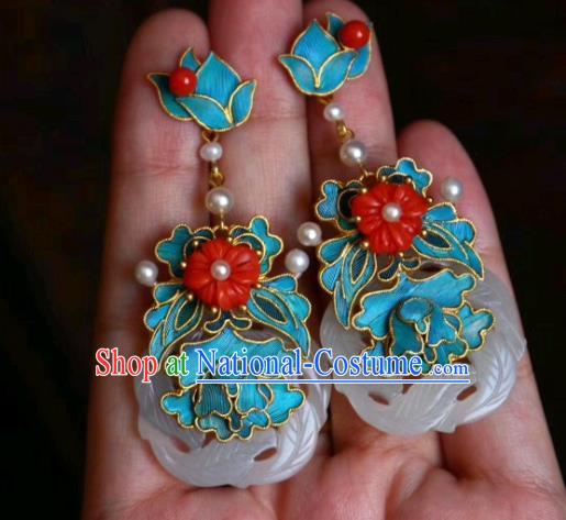 China Classical Jade Ear Jewelry Traditional Cheongsam Coral Beads Pearl Earrings