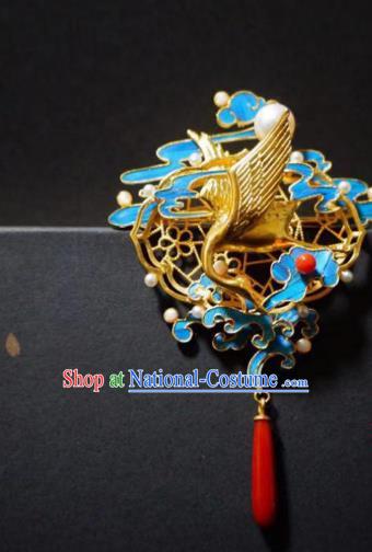 China Traditional Ancient Qing Dynasty Cloisonne Agate Jewelry Handmade Golden Crane Brooch Accessories